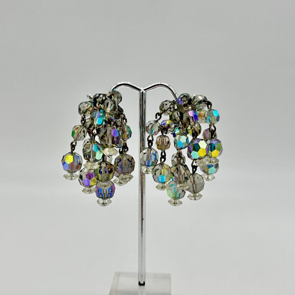 Vintage Aurora Borealis Clip On Earrings Bead Cluster Large Dangle MCM Beaded